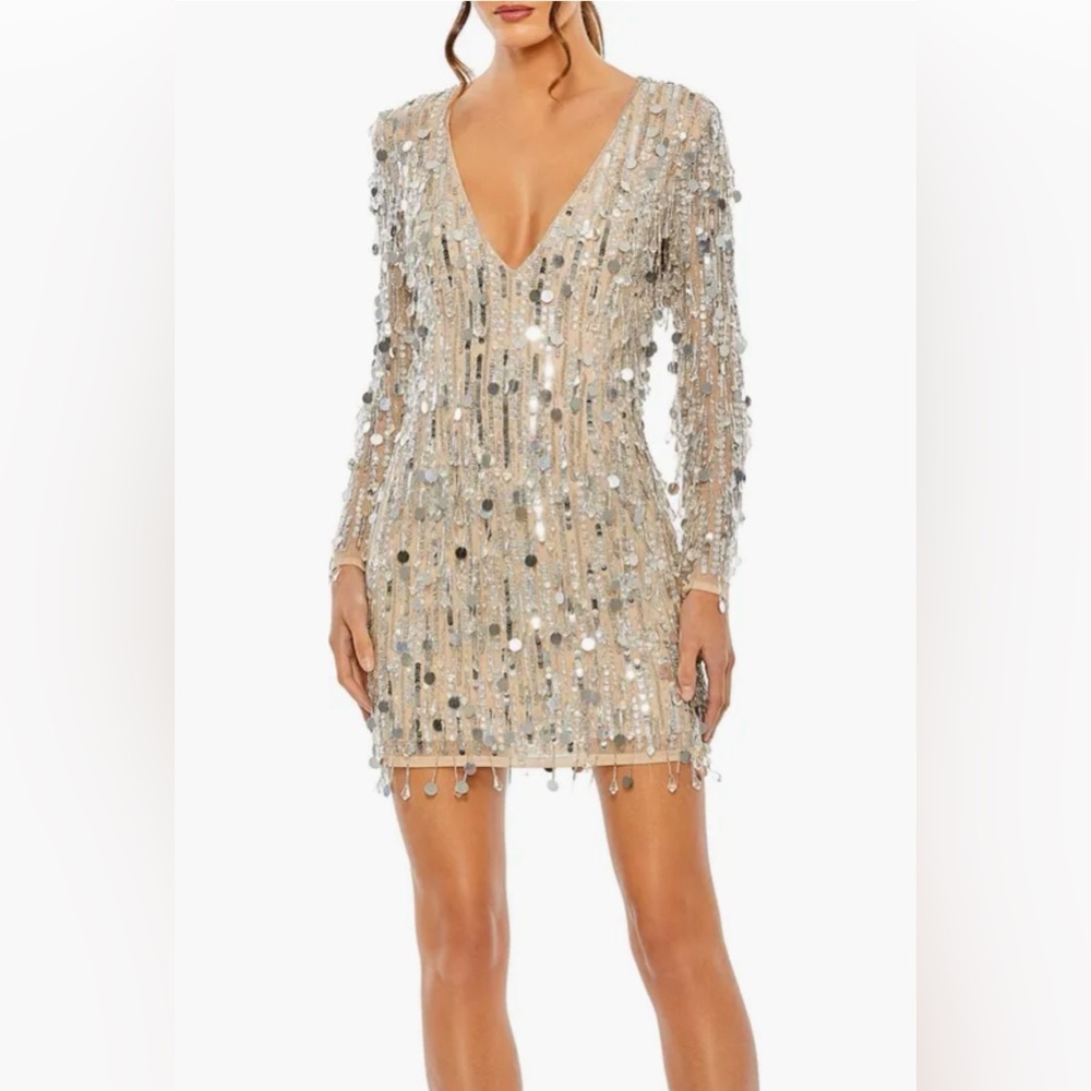 Beaded Fringe Detail Dress with Plunging Neckline and Long Sleeves